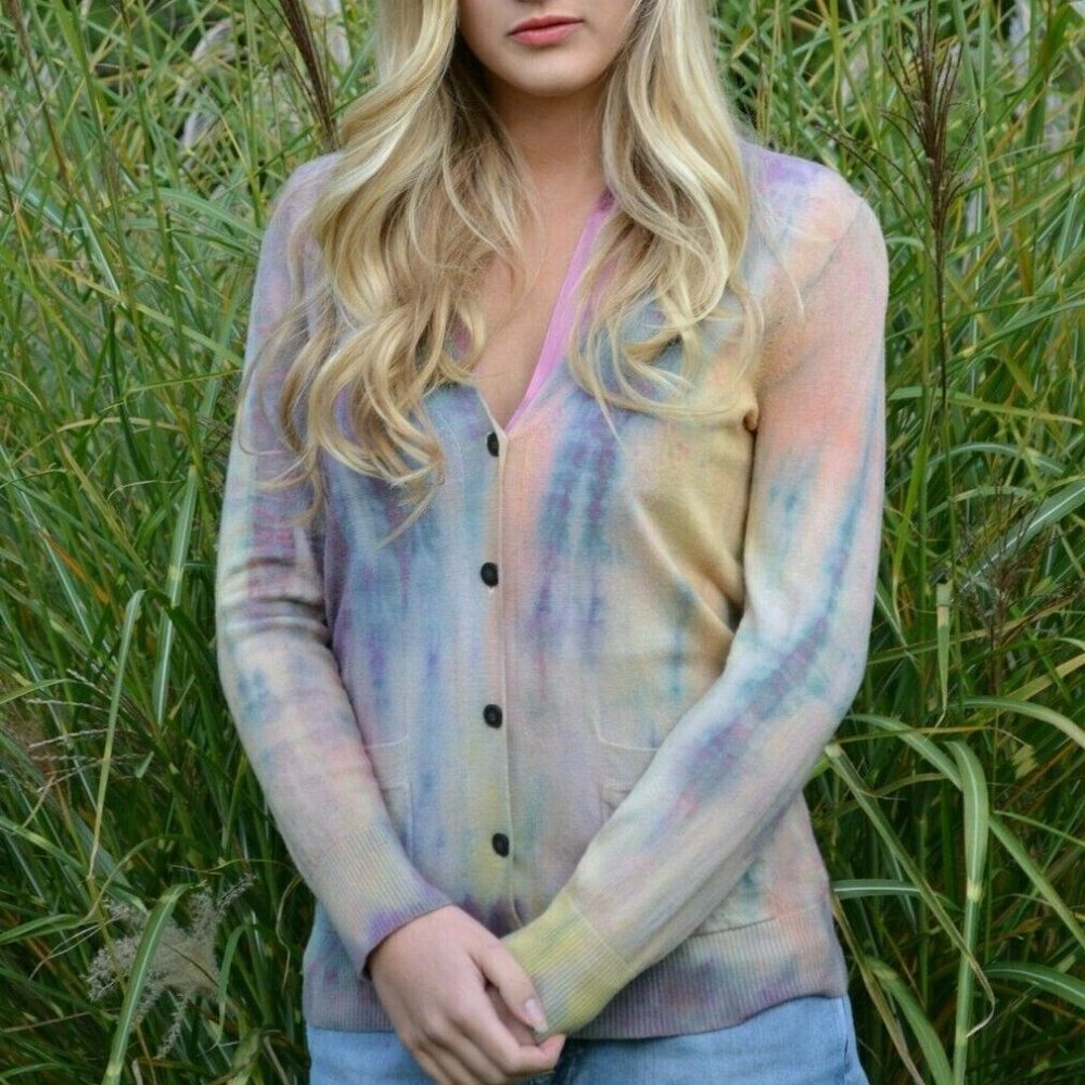 Dyed Wool Sweater Cardigan Small pink gray yellow - Picture 2 of 2